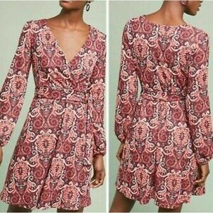 Anthropologie Maeve Dress Faux Wrap Belted Paisley Long Sleeves XS NWT